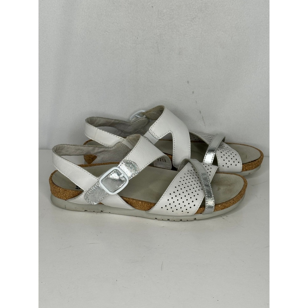 Earth Linden Laguna White Leather Sandals Silver Accents Womens Boho Chic 7M